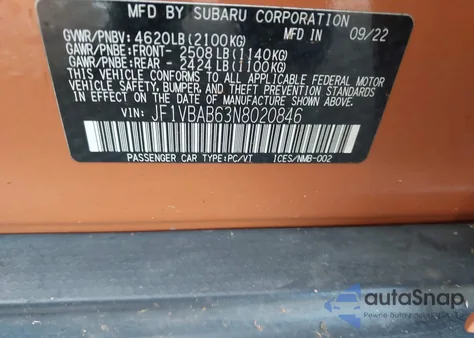 2022 Subaru Wrx z USA, uszkodzony, nr VIN JF1VBAB63N8020846